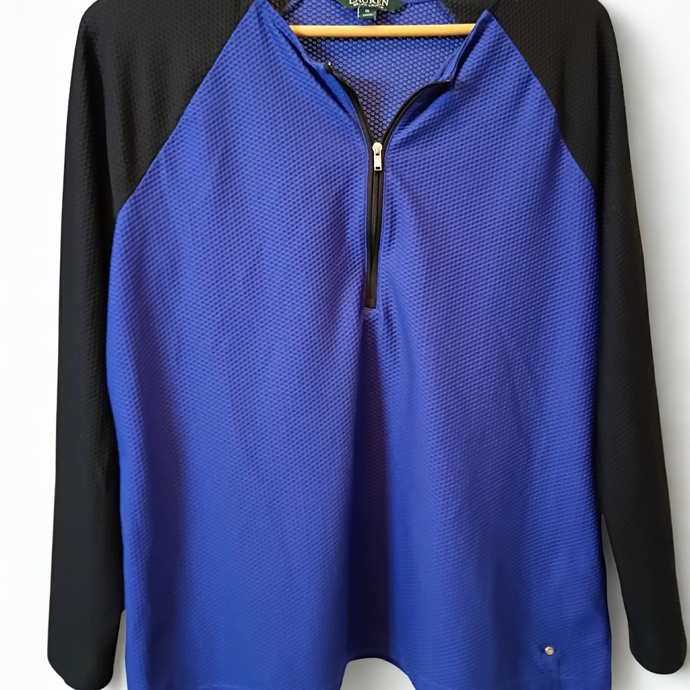 Lauren Ralph Lauren Womens Plus 1X Blue Black 1/4 Zip Waffle Knit Long Sleeve